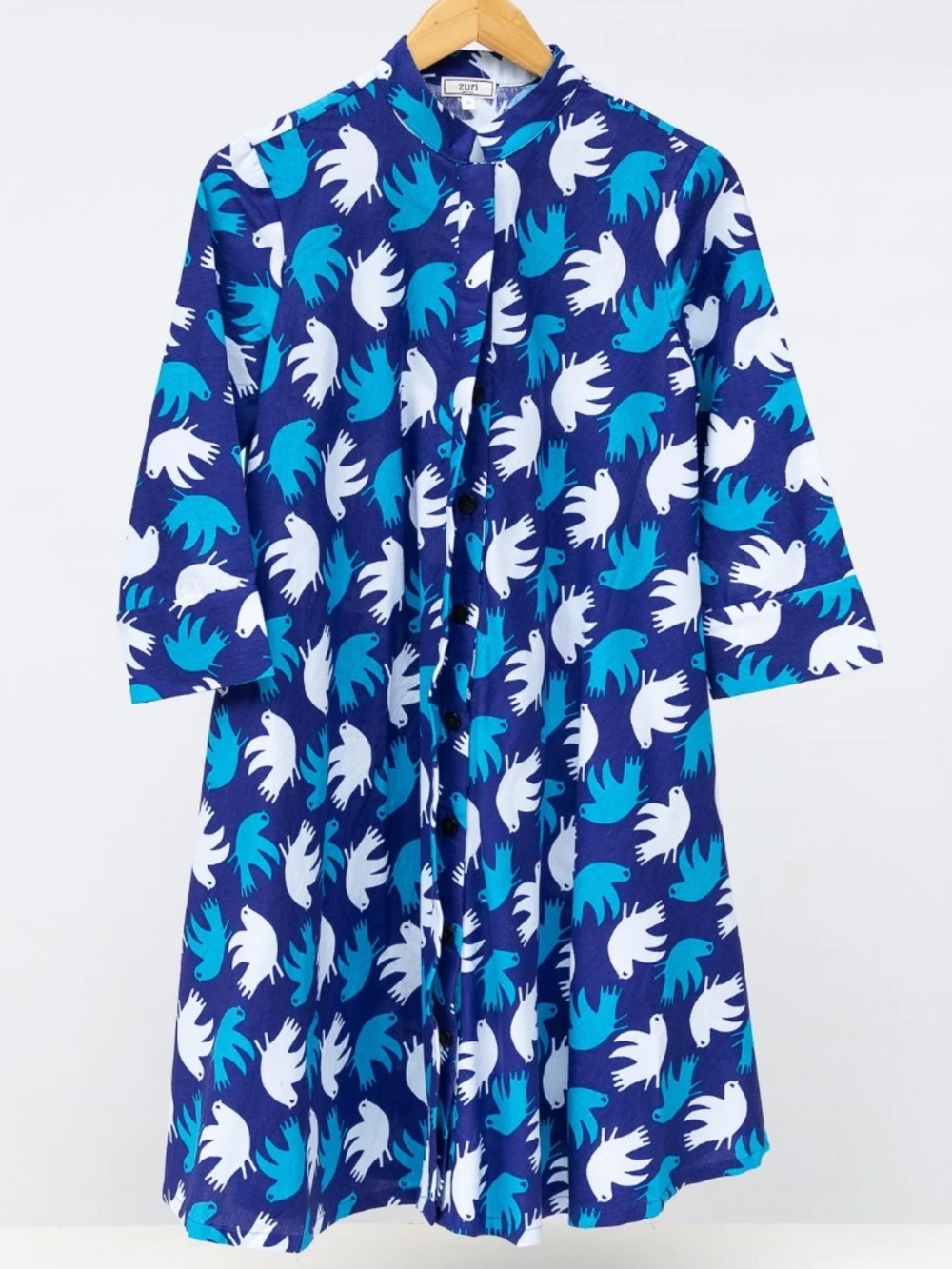 Zuri Paloma dress cotton button down indigo aqua white birds doves S